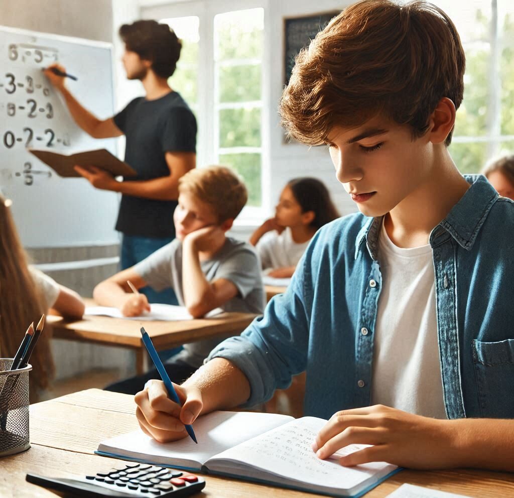 Boy student writing in a notebook.