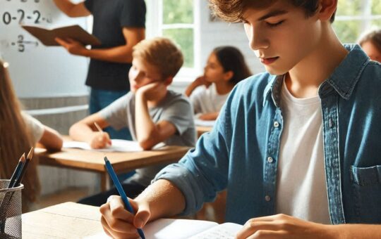 Boy student writing in a notebook.